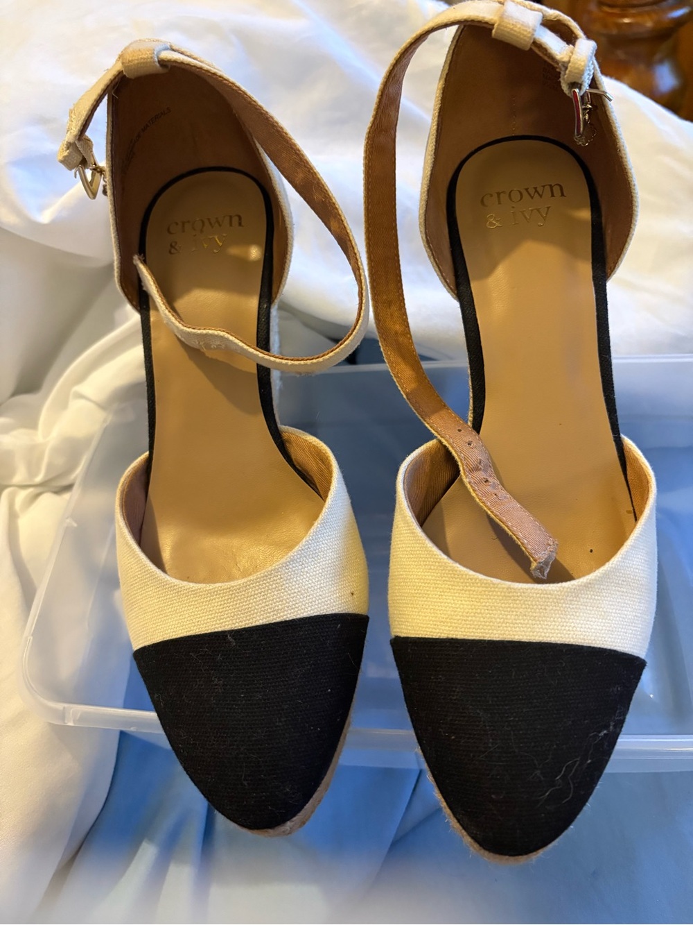 crown & ivy Two-Tone Canvas Ankle Strap Wedges - Black & Cream